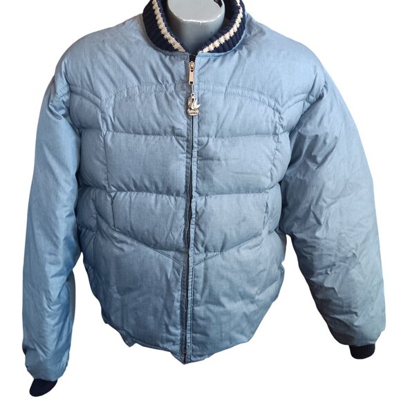 Men's Large Down Jacket Vintage Comfy Blue Puffer Ribbed Collar & Cuffs USA 80s - Picture 1 of 8